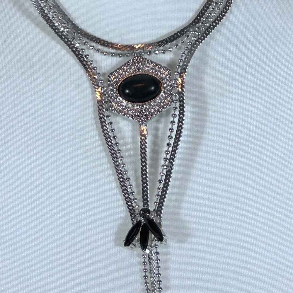 Free People Syrus Necklace‎ NWT OS Silver Black Cabochon Multi-Strand Drop - Picture 3 of 8